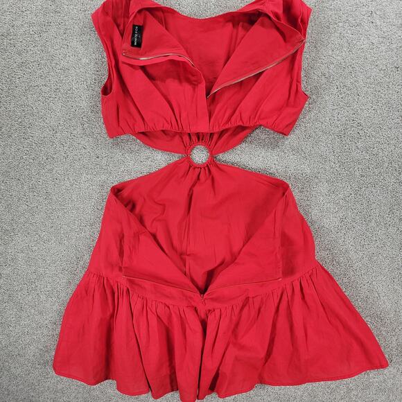 White Fox Cutout Ring Dress Womens L Red Sleeveless Mini Fit & Flare Ruffle Hem - Picture 16 of 16
